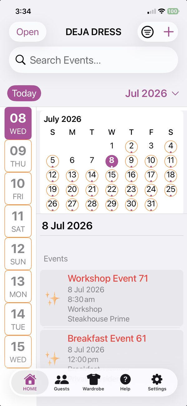 Deja Dress home screen showing the July calendar and a list of upcoming events