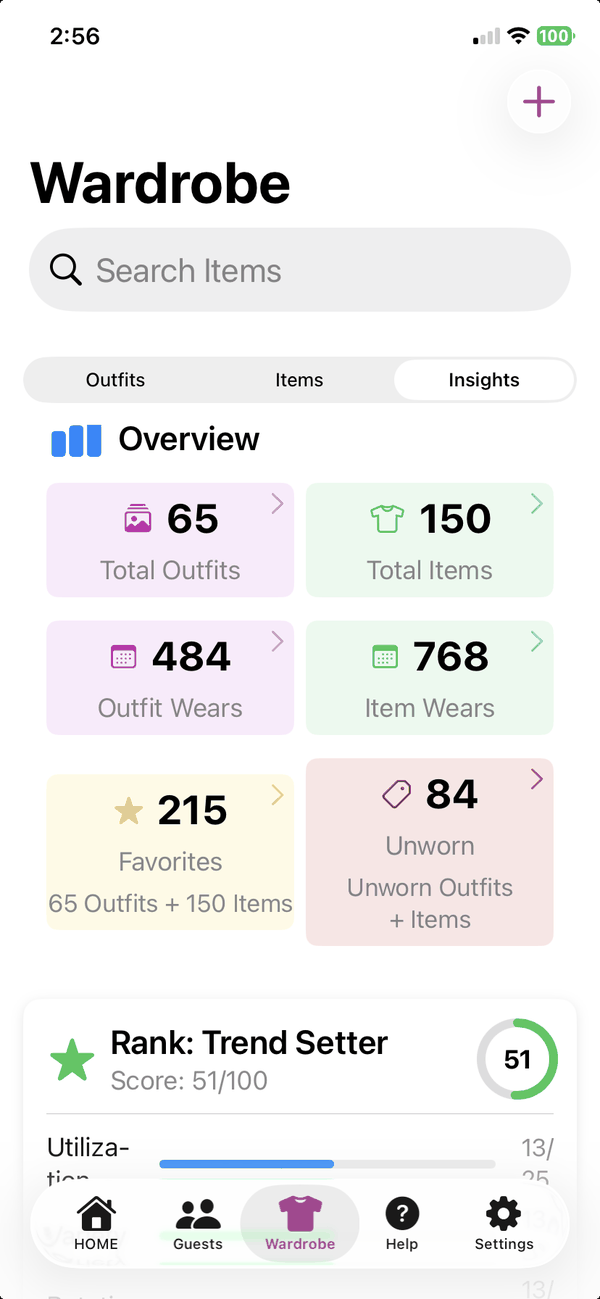 Wardrobe insights with outfit and item totals, wear counts, and a Trend Setter score